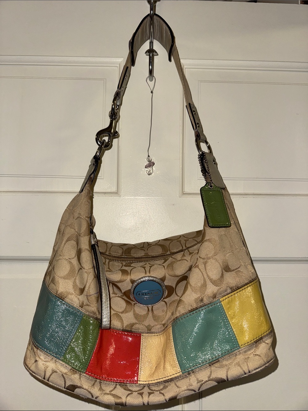 Beige Signature Patchwork Hobo Bag with Multicolor Accents